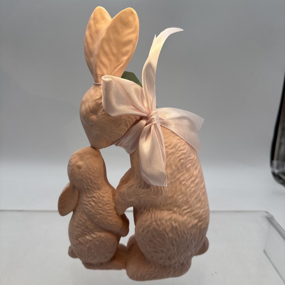 11" Pink Resin Mamma Bunny Kissing Baby Bunny - New With Tag - Cottage Core